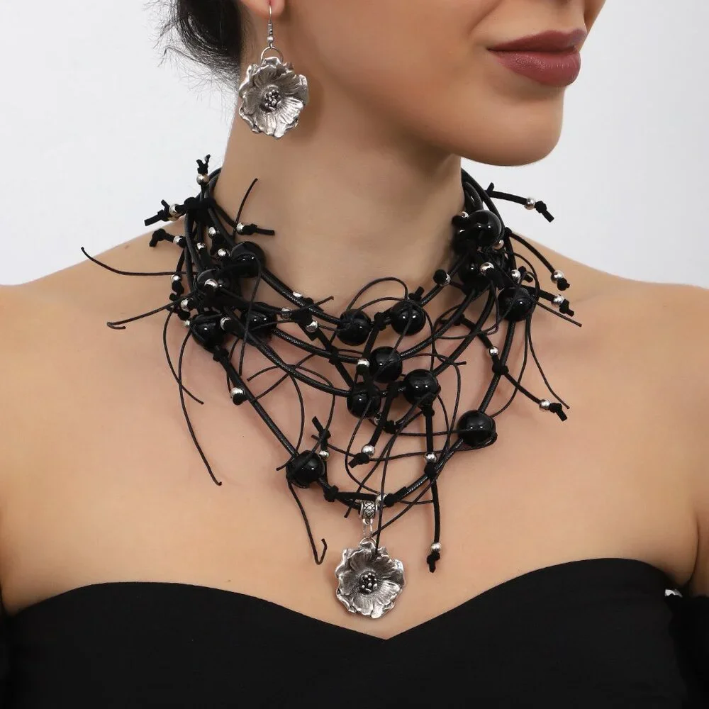 Handmade Leather Necklace and Earrings Jewelry Set - Picture 1 of 2